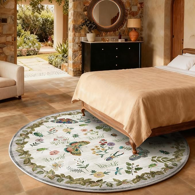Washable Round Rugs for Bedroom 4ft: Living Room Rug Stain Resistant Non Slip