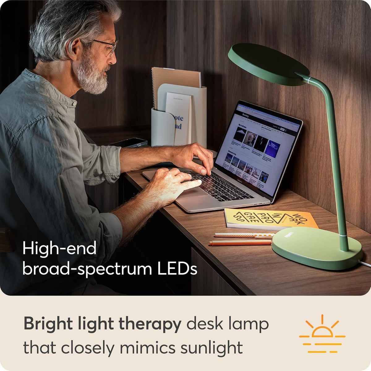 Lumie Task - 10,000 Lux Adjustable Bright Light Therapy Desk Lamp for Mood and Energy Boost and Winter Blues Relief, Crystal Clear Illumination and Maximum Visual Comfort - White Mist (Sage Green)