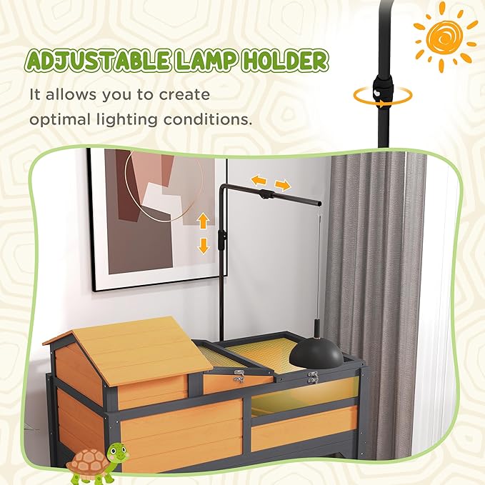 PawHut Tortoise Habitat with Adjustable Lamp Holder, 2 Layer Tortoise Enclosure with Storage Shelf, Removable Main House, Fixed Tray, Openable Lid, Yellow