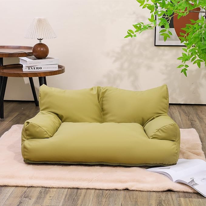 PU Leather Rectangle Dog Cat Pet Sofa Couch Soft Calming Pet Beds for Small Cats and Dogs,20X15.7X9 INCH (Green)