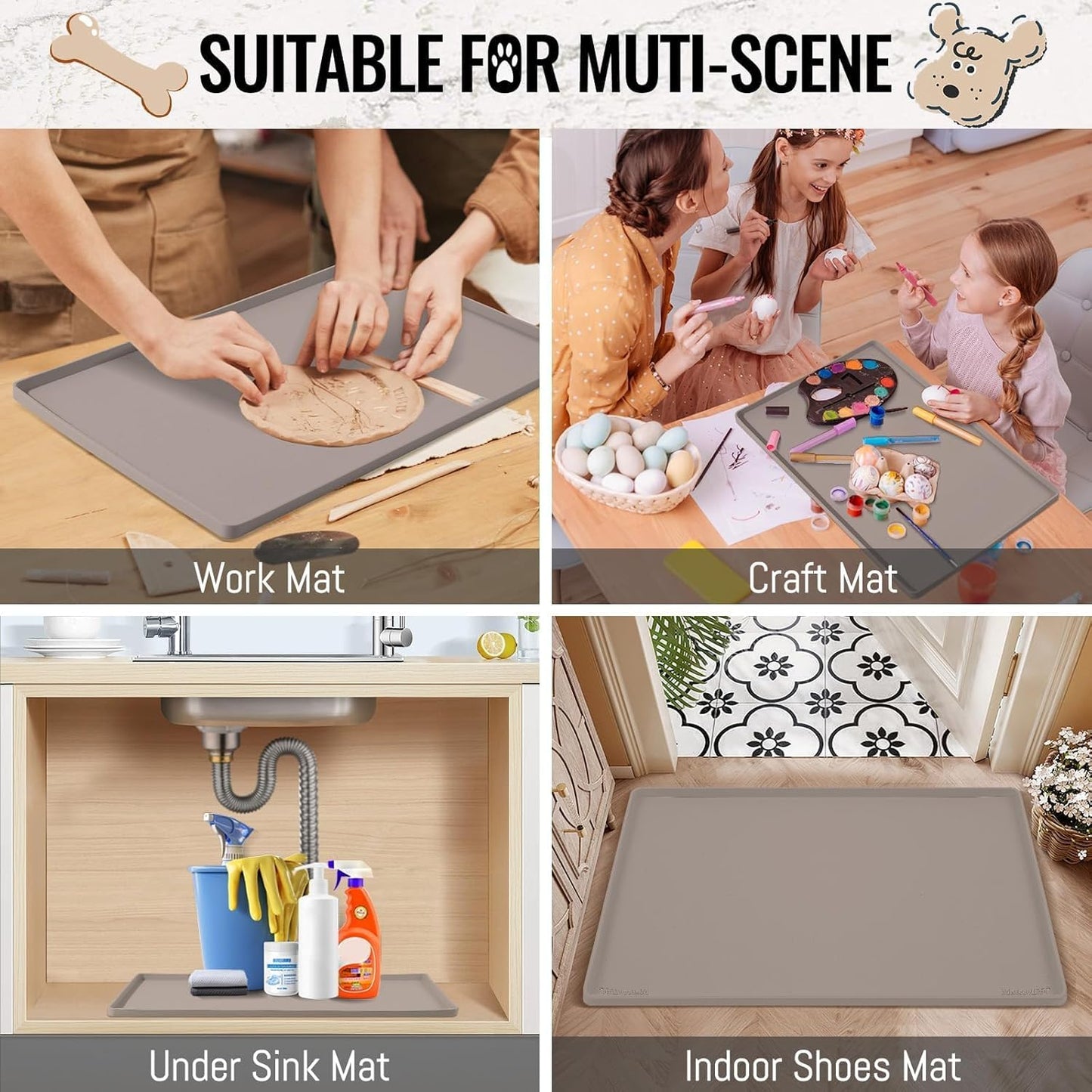 MateeyLife Dog & Cat Food Mat, Waterproof & Nonslip Silicone Feeding Mats for Dogs and Cats, Raised Edge Tray for Messy Drinkers, 22"x14", Taupe