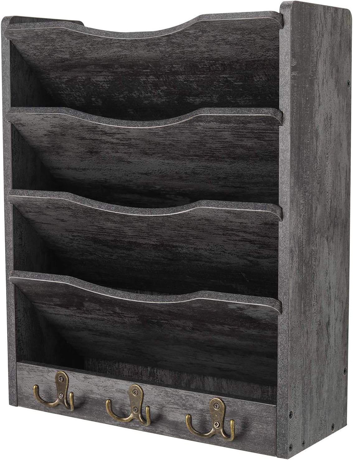 PAG-Mass 5-Tier Wall File Holder Hanging Mail Organizer Wood Magazine Literature Rack with 6 Hooks, Dark Gray