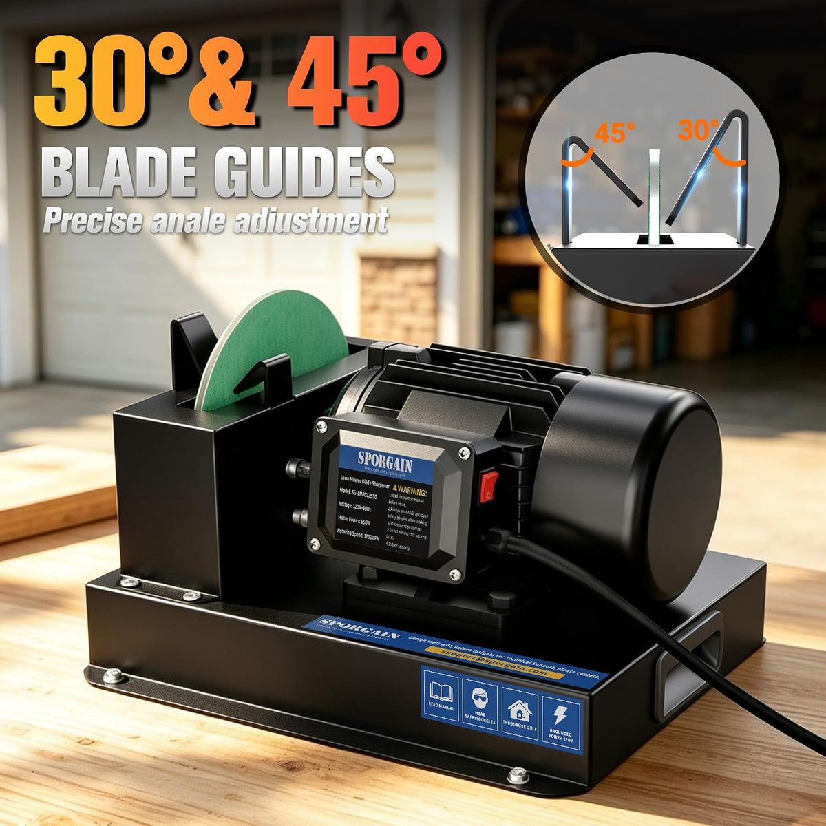 SporGain Updated Lawn Mower Blade Sharpener 2/3HP, 6 Sandpapers 60&180 Grit