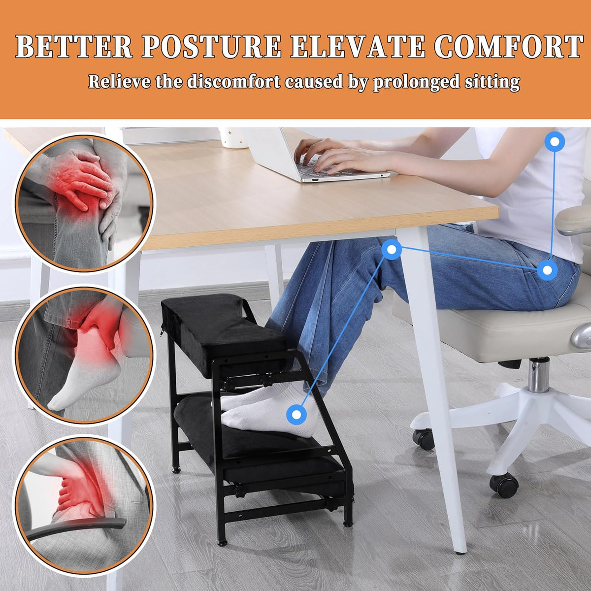BALAPET Adjustable Double Step Footrest, High-Density Foam with Sturdy Iron Frame Foot Rest Under Desk for Office, Ergonomic Footrest with Washable Cover for Desk Work, Home,Patented Design(Black)