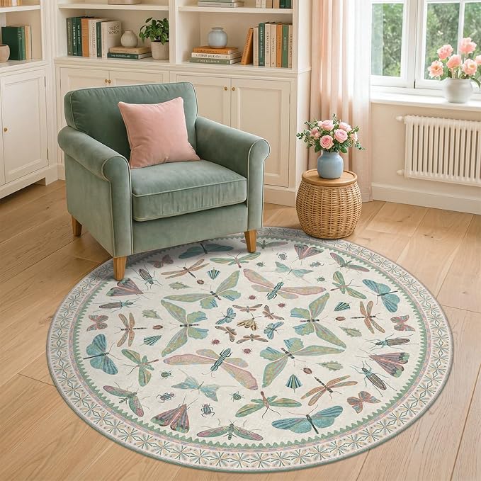 Insect Light Green 5ft Round Area Rug