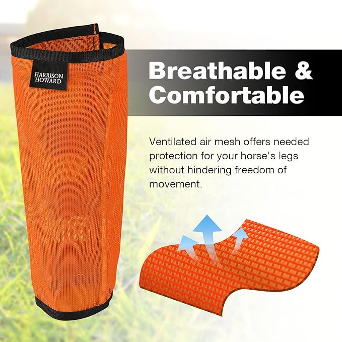 Harrison Howard Loose Fitting Fly Boots UV-Protective Extra Tough Mesh Ventilated Four Fasteners Stay-on Design Protect Horse Legs & Stomp-Reducing Set of 4 Orange Small