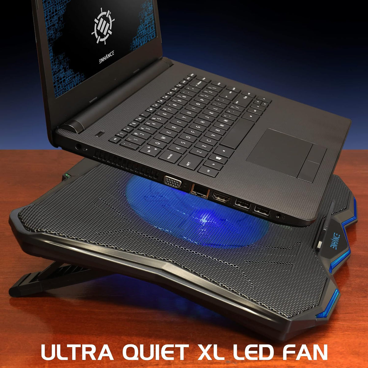 ENHANCE Cryogen 5 Gaming Laptop Cooling Pad Stand - Laptop Cooler with 7 Adjustable Height Settings & Dual USB Ports up to 17 inches - 1 Ultra Quiet High Performance LED Fan 800 RPM - Blue