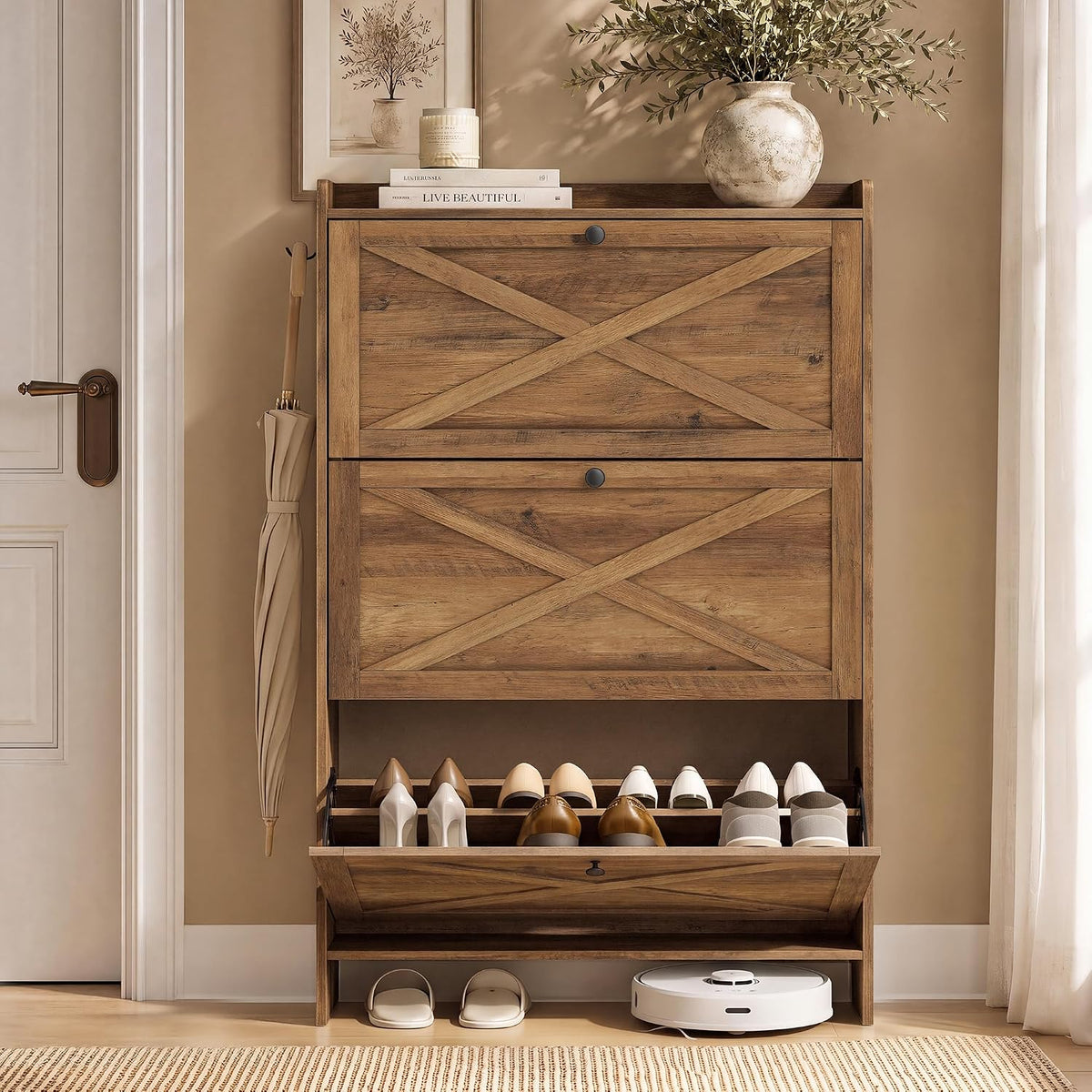 VASAGLE Narrow Shoe Storage Cabinet Organizer with 3 Flip Drawers