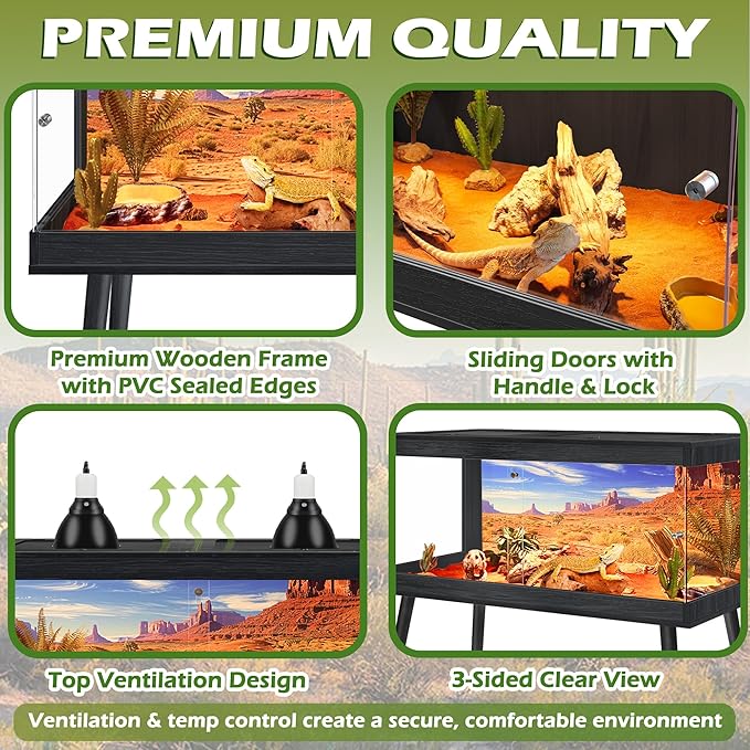 ROYXEN Bearded Dragon Tank with Leg Stand,Tempered Glass Reptile Tank with Metal Mesh Top, 3-Side Clear Anti-Scratch Glass Lizard Tank,Snake Tank for Reptile Habitat