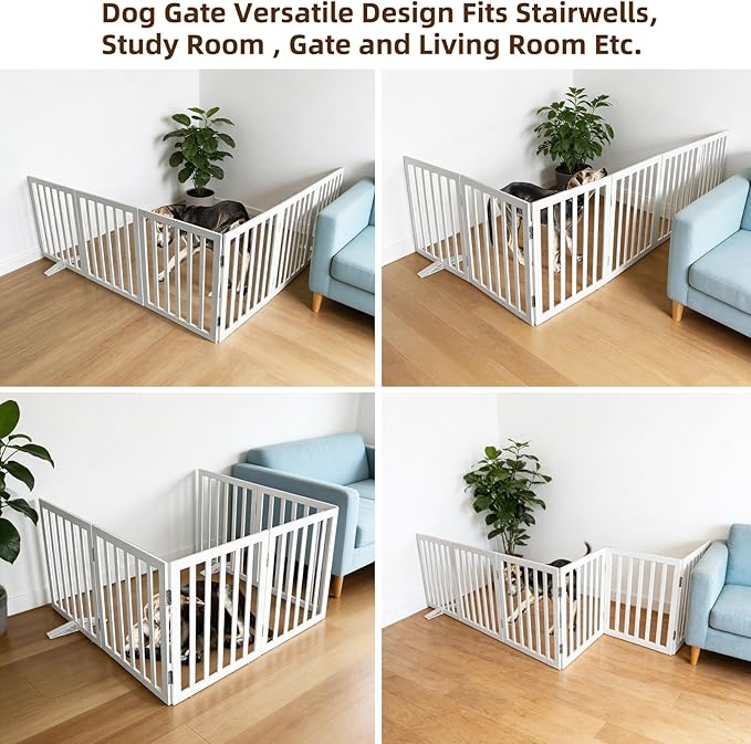 Dog Gate Indoor, Freestanding Dog Fence for The House, Doorways, Hallways,or Stairs,Pet Gate Foldable Wooden,Expandable 32" Height 6 Panels,White