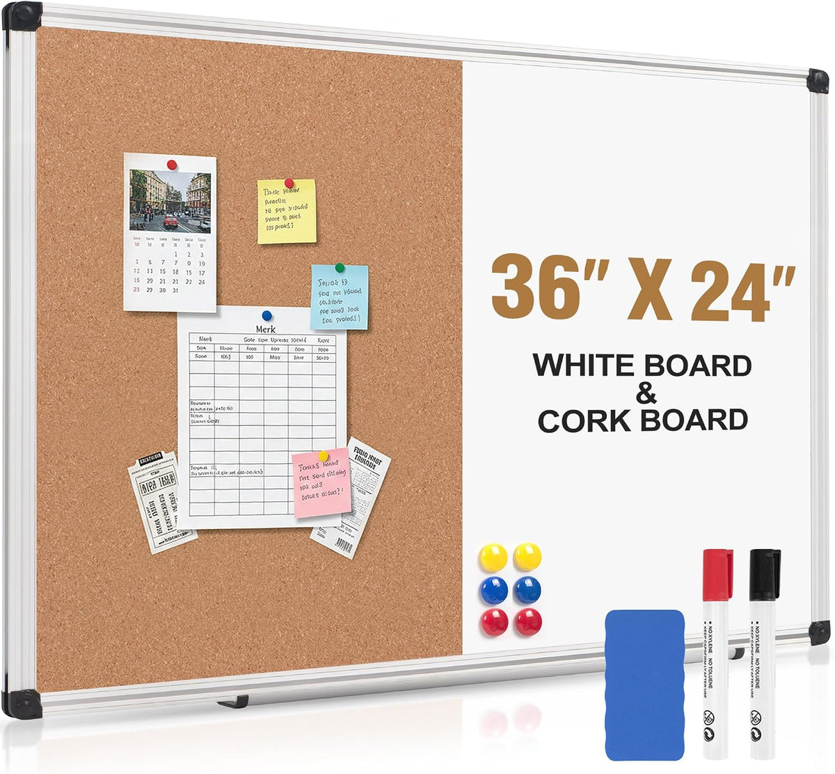 White Board and Cork Board Combo 36" x 24" Aluminum Frame