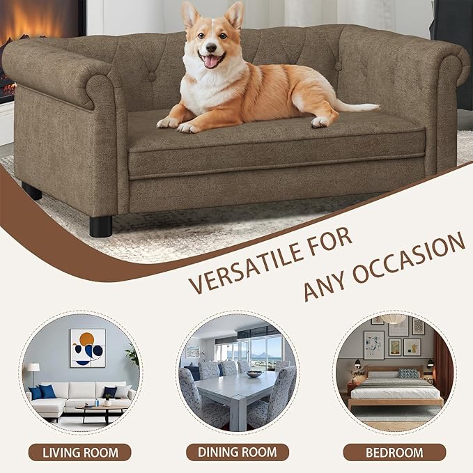 Elevated Rectangle Dog Sofa for Small & Medium Dogs - Comfortable Linen Fabric Dog Bed with Button Tufted Back, Durable Modern and Stylish Pet Bed for Living Room, Bedroom (Brown)