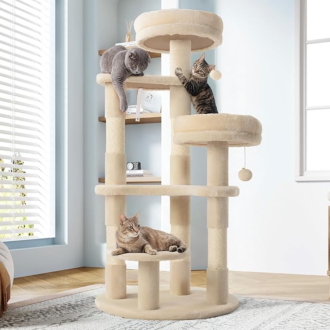Allewie 55.5 in Cat Tree for Indoor Kitties/Soft Plush Perches/Multi-Level Cat Tower/Sisal Scratching Posts/Crescent Plates/Round Jumping Board/Hanging Ball/Pet Activity Center/Beige