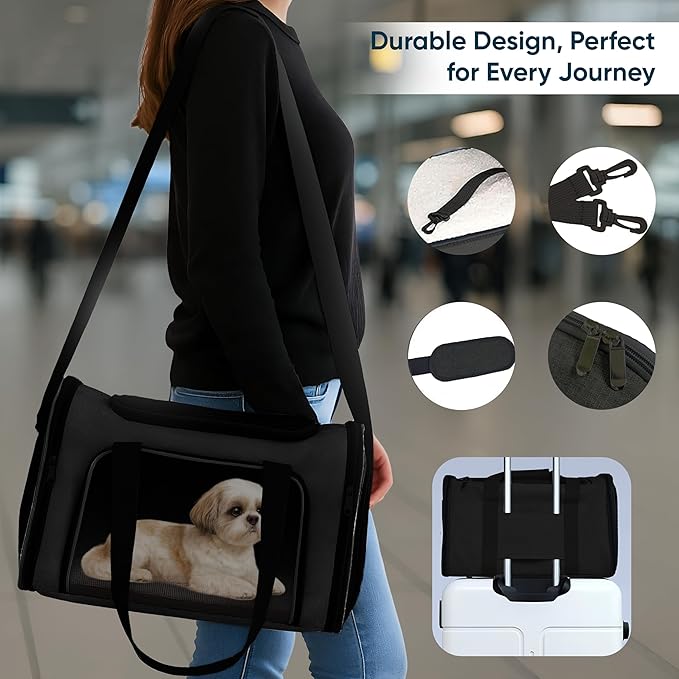 Pet Travel Carrier Bag – Airline Approved Soft-Sided Dog & Cat Carrier, Foldable, Breathable Mesh, Washable Pad – Fits Pets up to 15 lbs – The Pup Quartet (Black)