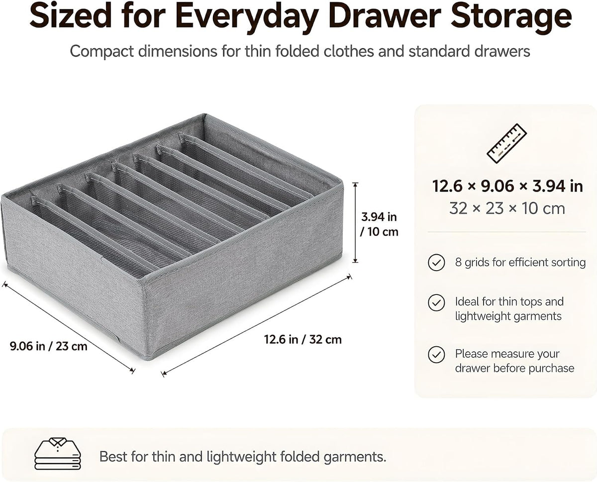 Qozary 4 Pack Drawer Organizers for Clothing, 8 Grids Foldable Closet Organizers and Storage Bins for Bedroom, Dresser Organizer Boxes for Thin T-shirts, Tank Tops, Camisoles, Tights, Leggings