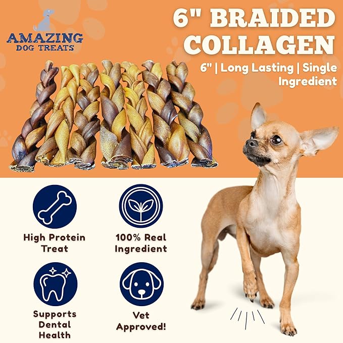 Amazing Dog Treats - 6 Inch Braided Collagen Sticks for Dogs - (10 Count) - Collagen Bully Sticks for Dogs