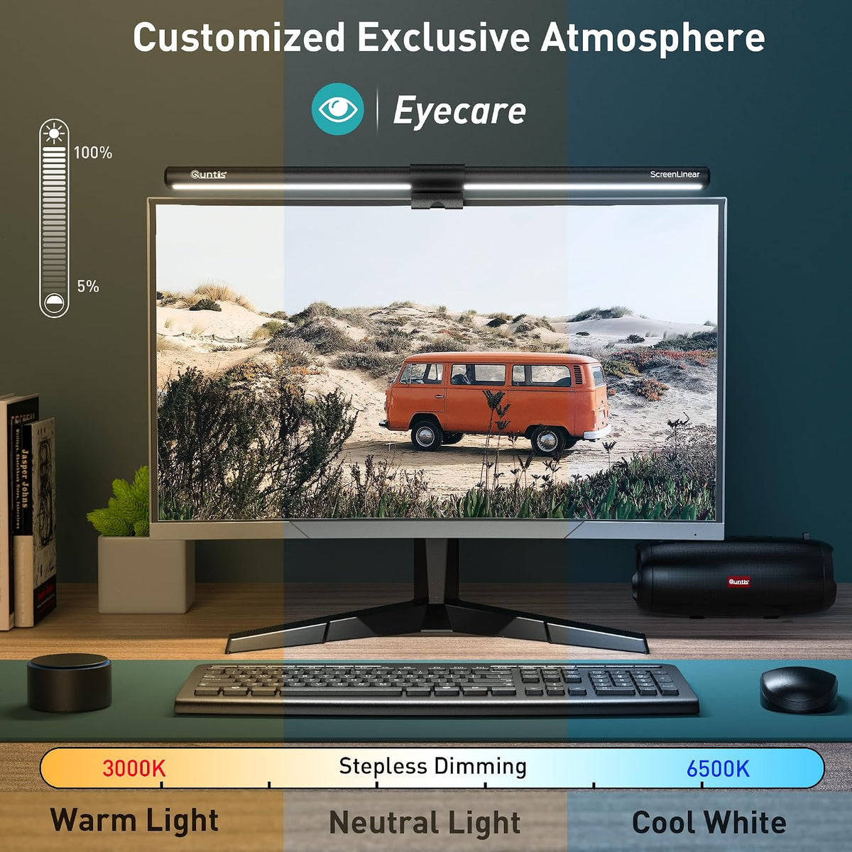 Quntis Monitor Light Bar with Remote Control, Fit for Curved/Flat Monitor, Eye-Care USB Computer Lamp Dimmable Screen Light Bar with Auto-Dimming, No Glare Home Office Gaming Desk Lamp