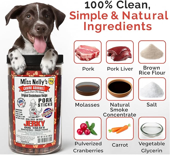 Miss Nelly's- All Natural Pork Jerky Dog Treats Made in USA Only-Original Smoke House Recipe-Minimally Processed Soft Sticks Dog Jerky Treats-32 oz. Jars