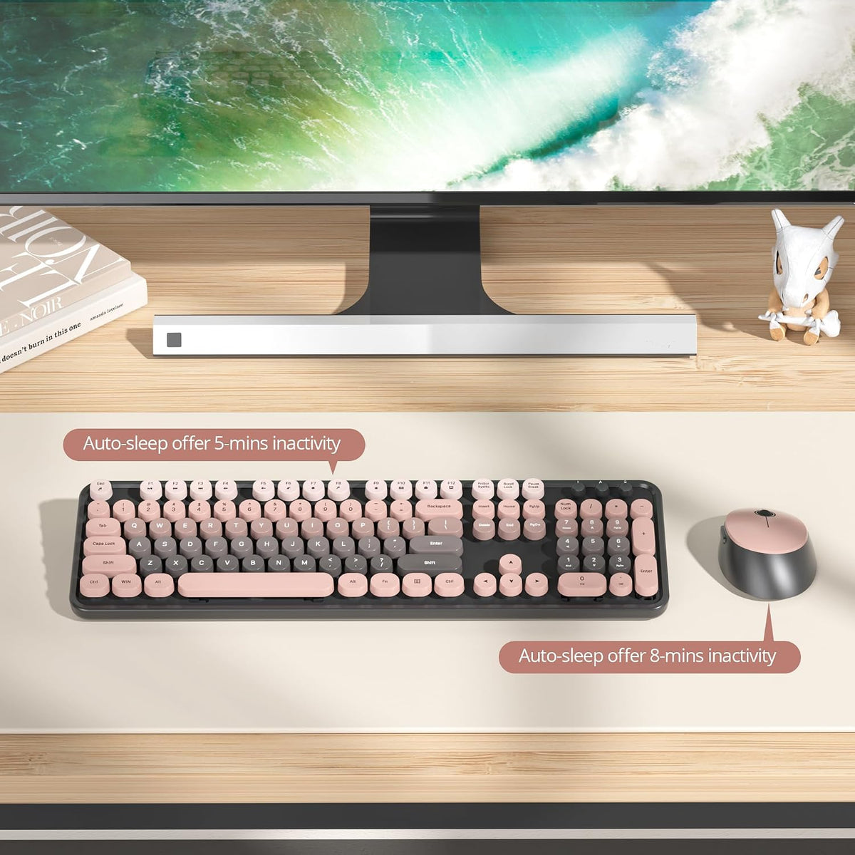 Wireless Keyboard and Mouse Set, Retro Typewriter Black Pink