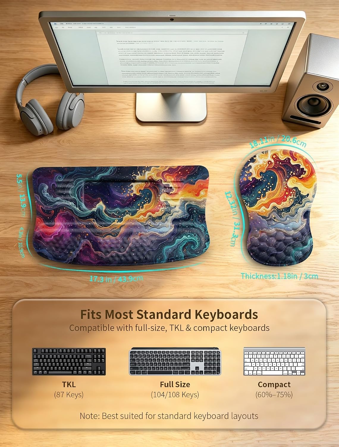 Ergonomic Keyboard Stand and Mouse Pad Set, Adjustable 3°/13° Keyboard Riser with Wrist Rest, 8° Massage Mouse Pad, Memory Foam Wrist Support, Non-Slip PU Base for Office & Gaming, Starry Sky