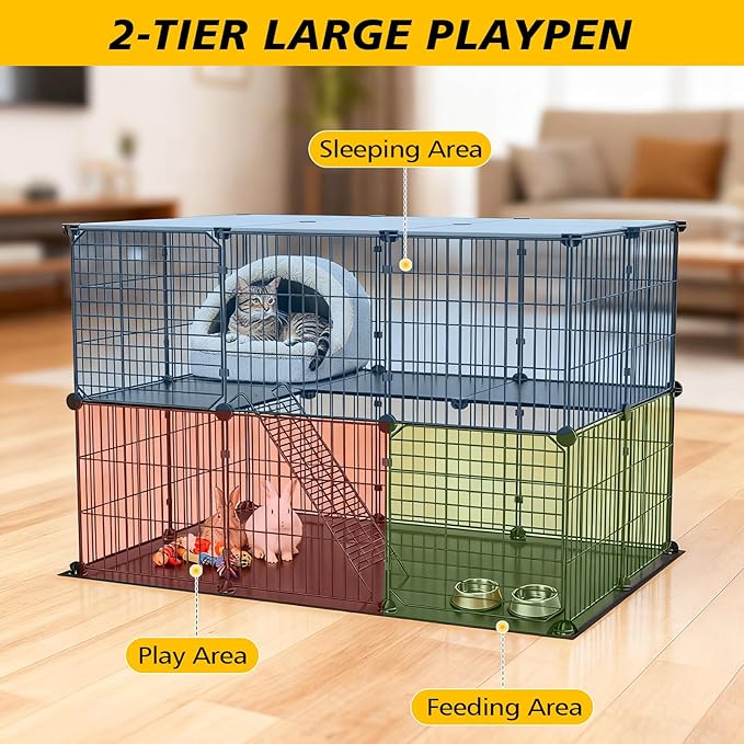 XiaZ Small Animal Playpen with Waterproof PVC Mat and 2 Doors, 35.4" L x 23.6" W x 23.6" H Guinea Pig Cages, 31 Panels C&C Cage for Guinea Pigs,Rabbit,Bunny,Hedgehogs,Chicken Puppy Indoor Outdoor