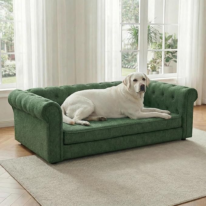 Elevated XL Large Dog Sofa with Backrest and Armrests, 55" Button Tufted Dog Couch Bed with Soft Cushion for Large Dogs, Stylish Lounging Bed Pet Couch Chair, 120Lbs Weight Capacity, Olive Green