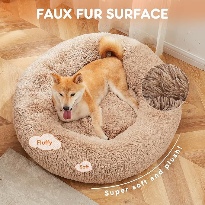 Sweetcrispy Donut Dog Bed, Large Round Calming Cat Bed with Washable Waterproof Cushion, Anti-Anxiety & Anti-Slip Fluffy Cuddle Cozy Faux Fur Plush for Pet Puppy Indoor Sleeping (30.7"x30.7", Brown)