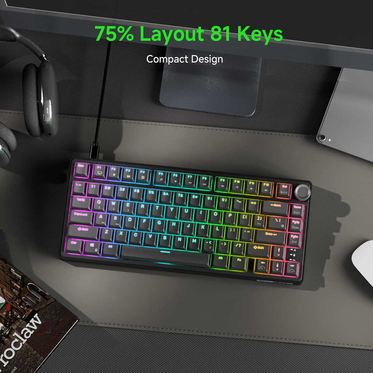 RK ROYAL KLUDGE R75 Wired Mechanical Gaming Keyboard, 75% Hot-Swap Mechanical Keyboard Volume Knob, Soft Pre-lubed Tactile Brown Switch