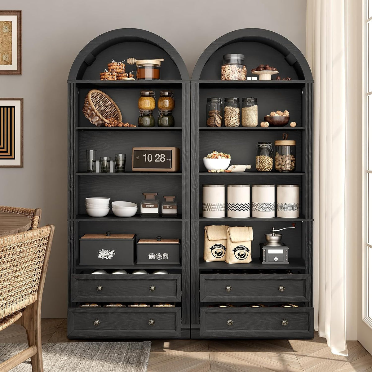 RALGEND Farmhouse Arched Bookshelf Set of2, 7 Tiers Arch Bookcase with 2 Spacious Drawers, Modern Book Shelf with Open Display Shelves and Storage Cabinet, for Office, Living Room, Kitchen, Black