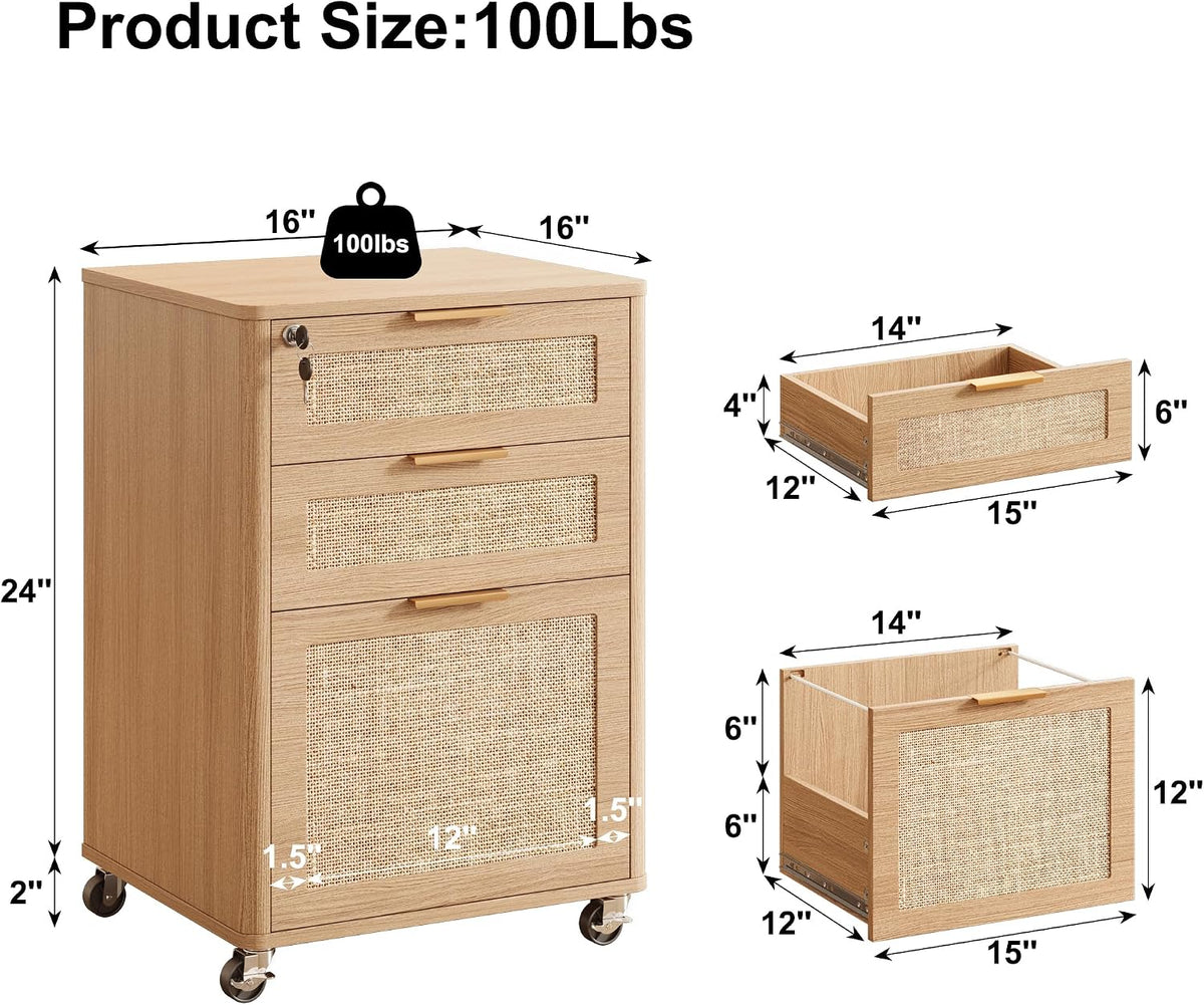 INNOD 3 Drawers Rattan Mobile File Cabinet with Lock, Rolling File Cabinet Printer Stand Table, Under Desk Wooden Filing Cabinets for Home Office Essentials Storage Organization Furniture Letters/A4