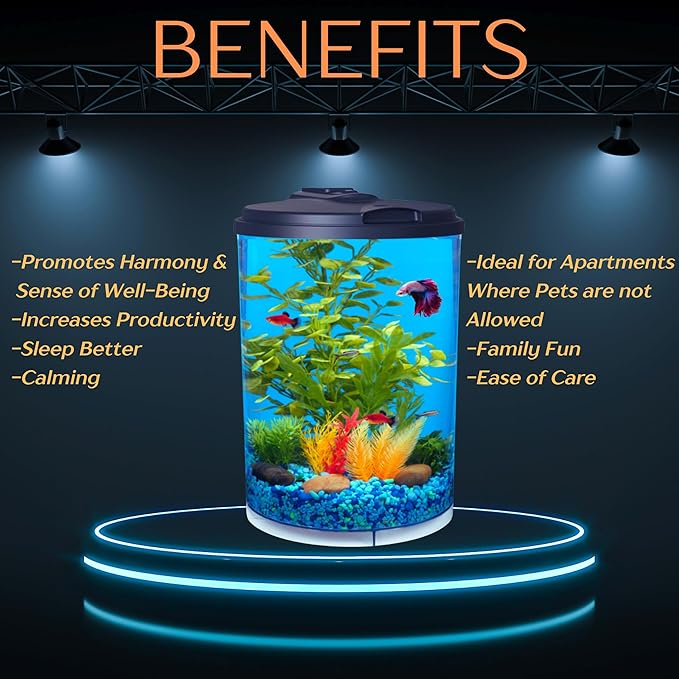 Koller Products AquaView 3-Gallon 360 Aquarium with LED Lighting (7 Color Choices) and Power Filter, 10.25 x 10.25 x 14.5