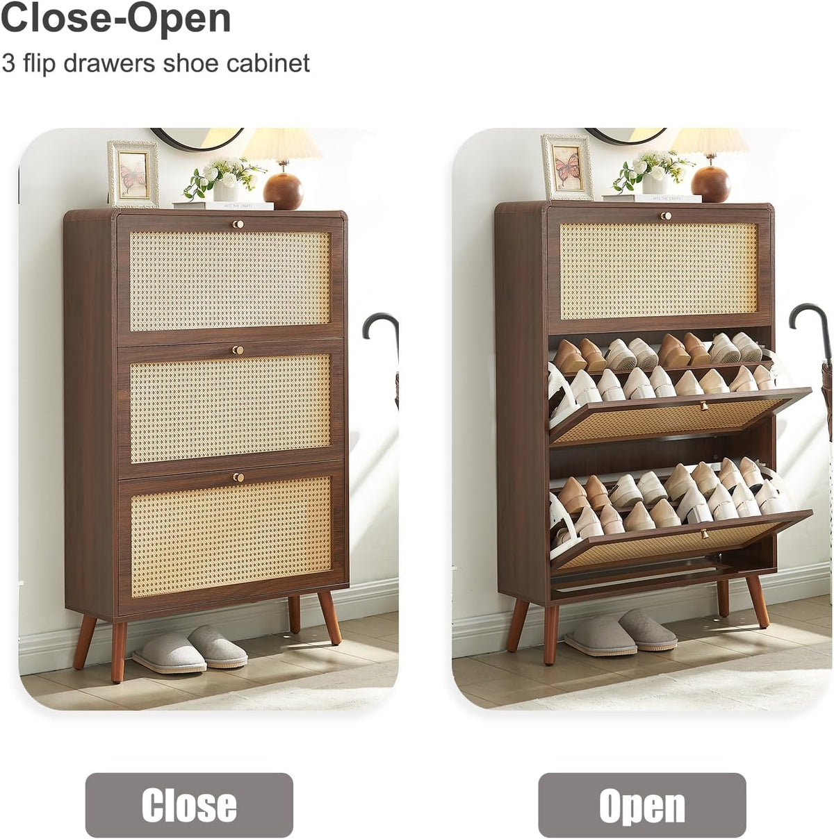 Rattan Shoe Cabinet with 3 Flip Drawers, Walnut Slim Shoe Storage