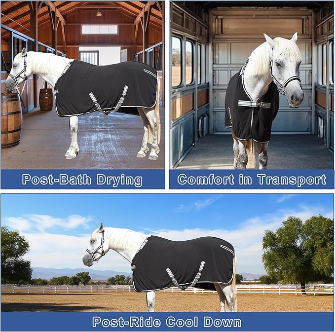 Horse Fleece Cooler, Blanket Liner - 300g Anti-Pilling Fleece, Moisture-Wicking, Cooling & Drying for Post-Workout, Bath & Travel, Prevent Overheating & Chilling Black 72