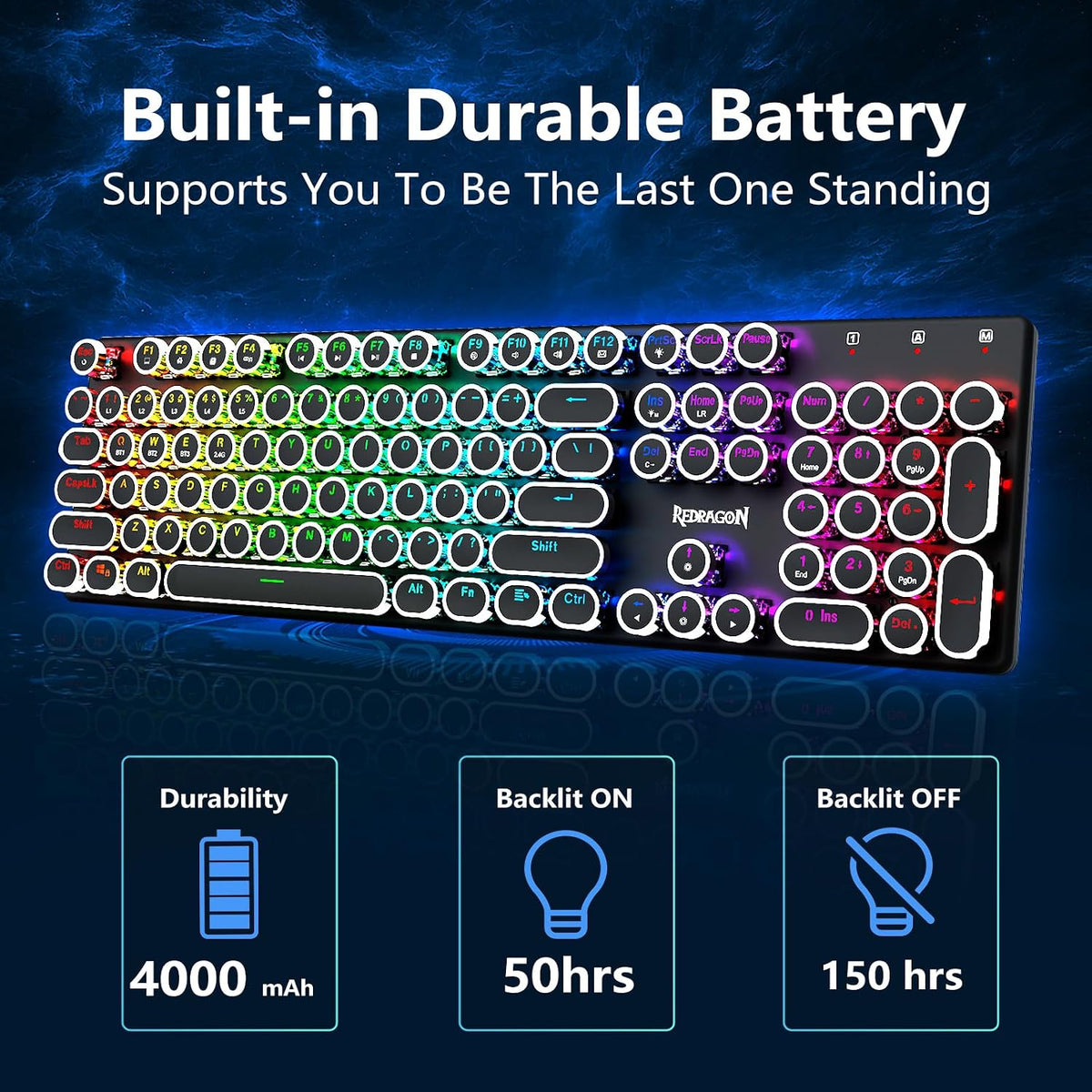 Redragon K710 Wireless Typewriter Style Mechanical Gaming Keyboard, Black