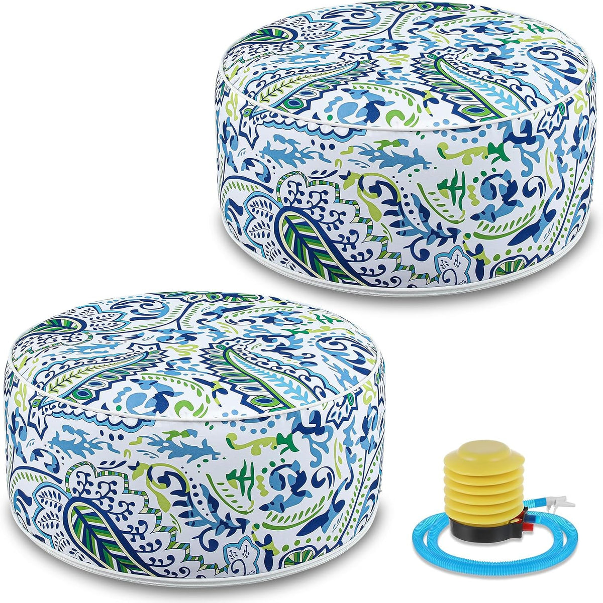 Cinnvoice 2 Pcs Inflatable Indoor Outdoor Ottoman Pouf with Handle D21 x H9 Inch Waterproof Round Pouf Ottoman Portable Footstool for Patio Garden Camping or Home Pool(Paisley)