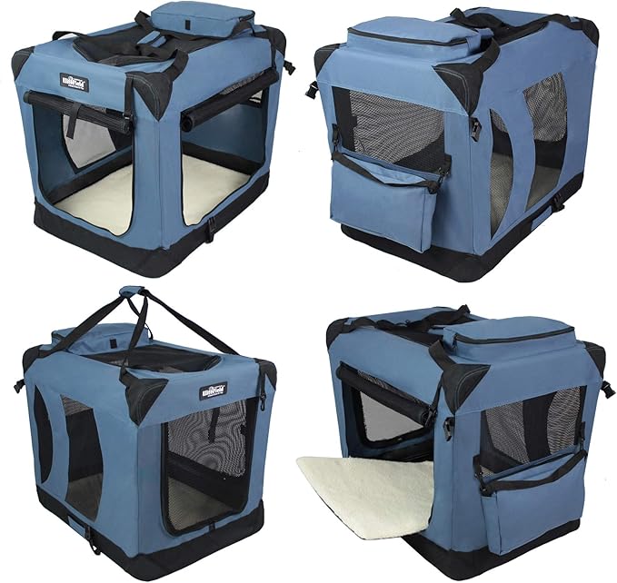 EliteField 3-Door Folding Soft Dog Crate with Carrying Bag and Fleece Bed (2 Year Warranty), Indoor & Outdoor Pet Home (42" L x 28" W x 32" H, Blue Gray)