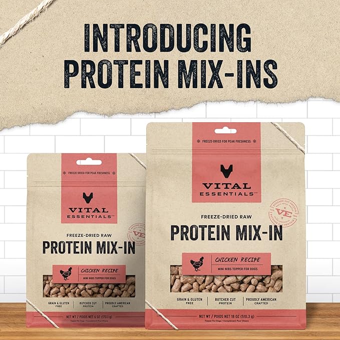 Vital Essentials Freeze Dried Raw Protein Mix-in Dog Food Topper, Chicken Mini Nibs Topper for Dogs, 6 oz