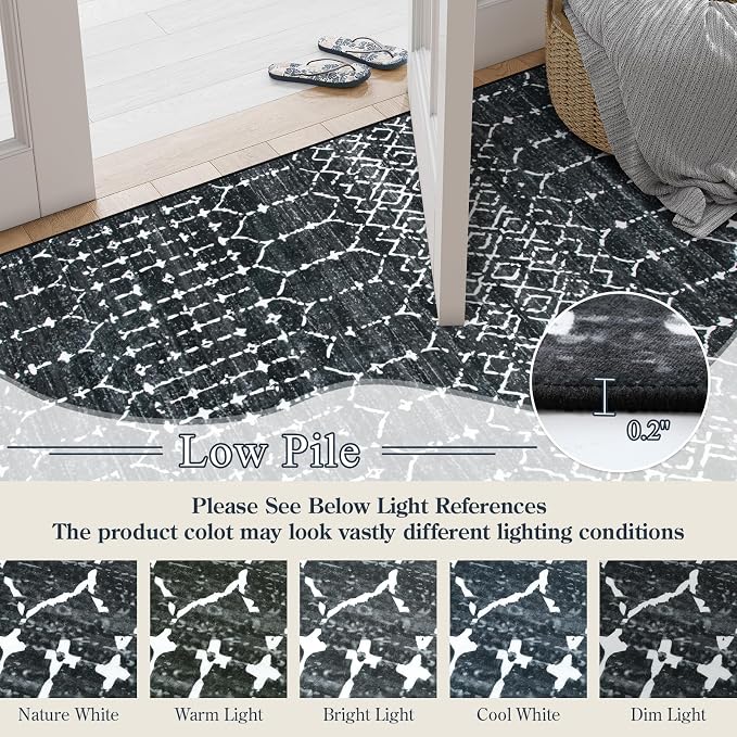 Lahome Moroccan Black 9x12 Rug for Living Room, Washable Non-Slip Ultra-Thin