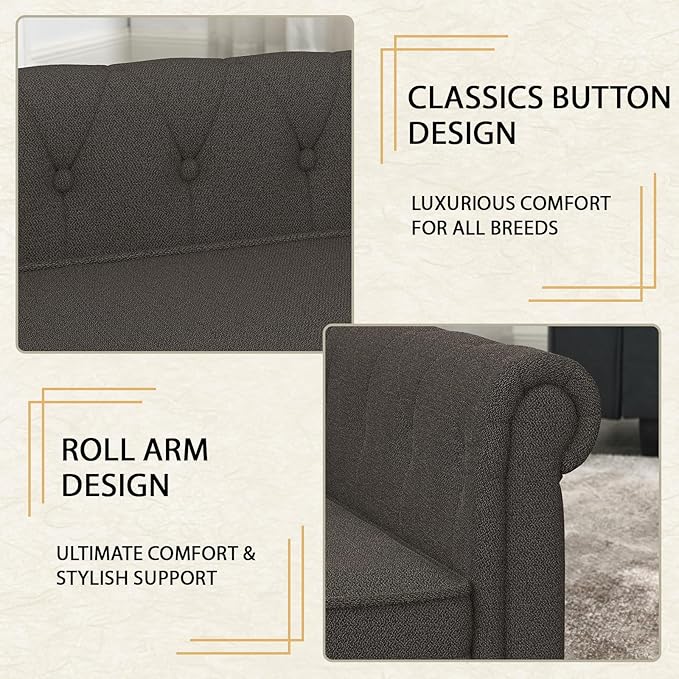 Elevated Rectangle Dog Sofa for Small & Medium Dogs - Comfortable Linen Fabric Dog Bed with Button Tufted Back, Durable Modern and Stylish Pet Bed for Living Room, Bedroom (Dark Brown)