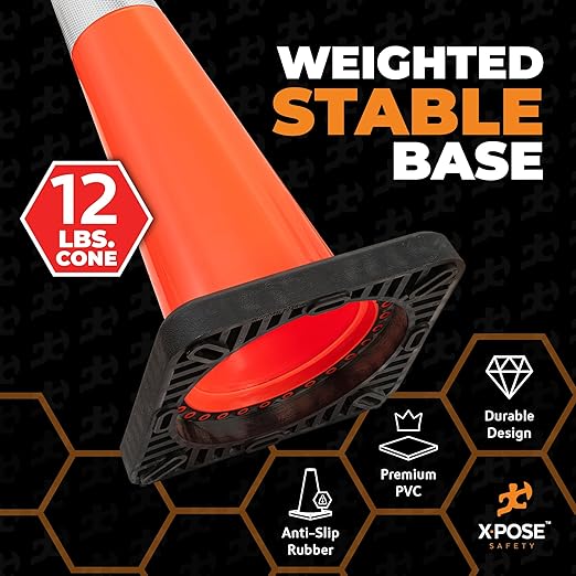 Xpose Safety 36 Inch Orange Slim Line Traffic Cones Heavy Duty 12lb with 6" & 4" Collars, 24 Pack Multipurpose PVC Plastic Safety Cone for Parking, Soccer, Caution, Kids & Construction - DOT Approved