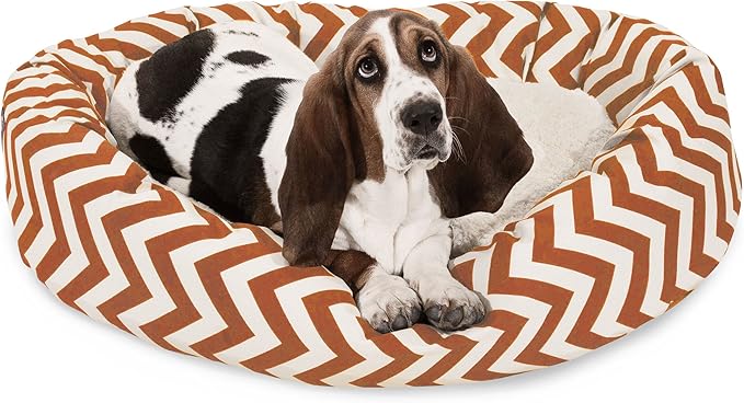 Majestic Pet 32 Inch Chevron Sherpa Calming Dog Bed Washable – Cozy Soft Round Pet Bed with Spine for Head Support - Fluffy Donut Bed 32x23x7 (inch) – Medium - BURNT ORANGE