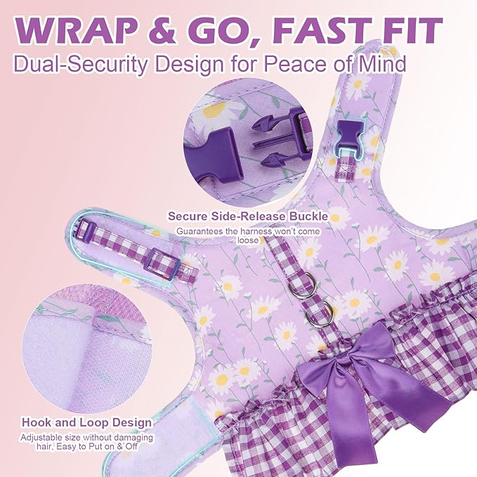 EXPAWLORER Dog Harness Small Medium Sized Dogs, Daisy Dog Dress Bowknot Harness and Leash Set, No Choke No Pull Soft Mesh Vest Cute Princess Puppy Outfits Clothes Costume for Girls Party Cats Purple S