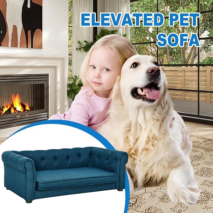 Dog Couch for Large Dogs, Elevated Durable Pet Sofa Bed, 24" W Comfortable Modern and Stylish Dog Sofa Couch with Dry Cleanable Fabric, Furniture for Medium & Large Breed (Blue)
