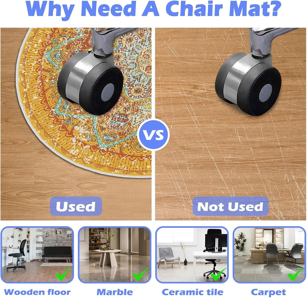 Office Chair Mat for Hardwood Floor, 4ft/48in Round Chair Rugs Floor Protectors, Desk Chair Mat for Rolling Chair, Anti-Slip Computer Chair Mat, Carpet Mats for Home Office(Yellow)
