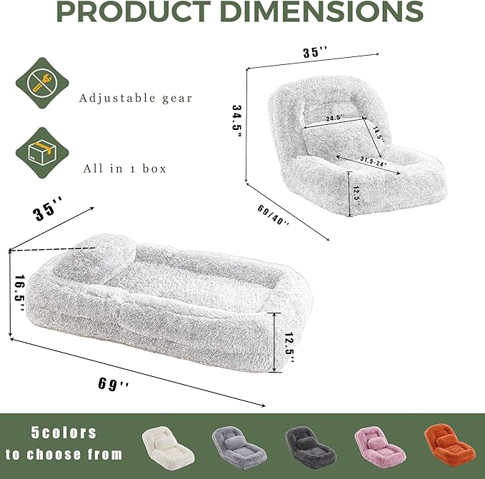 WDYLWFHWPink Foldable Human Dog Bed - 69"x35"x12" Fits You & Pets with Comfy Pillow, Washable Faux Fur, Oversized Lounger Lazy Sofa Beds with 5 Adjustable Position