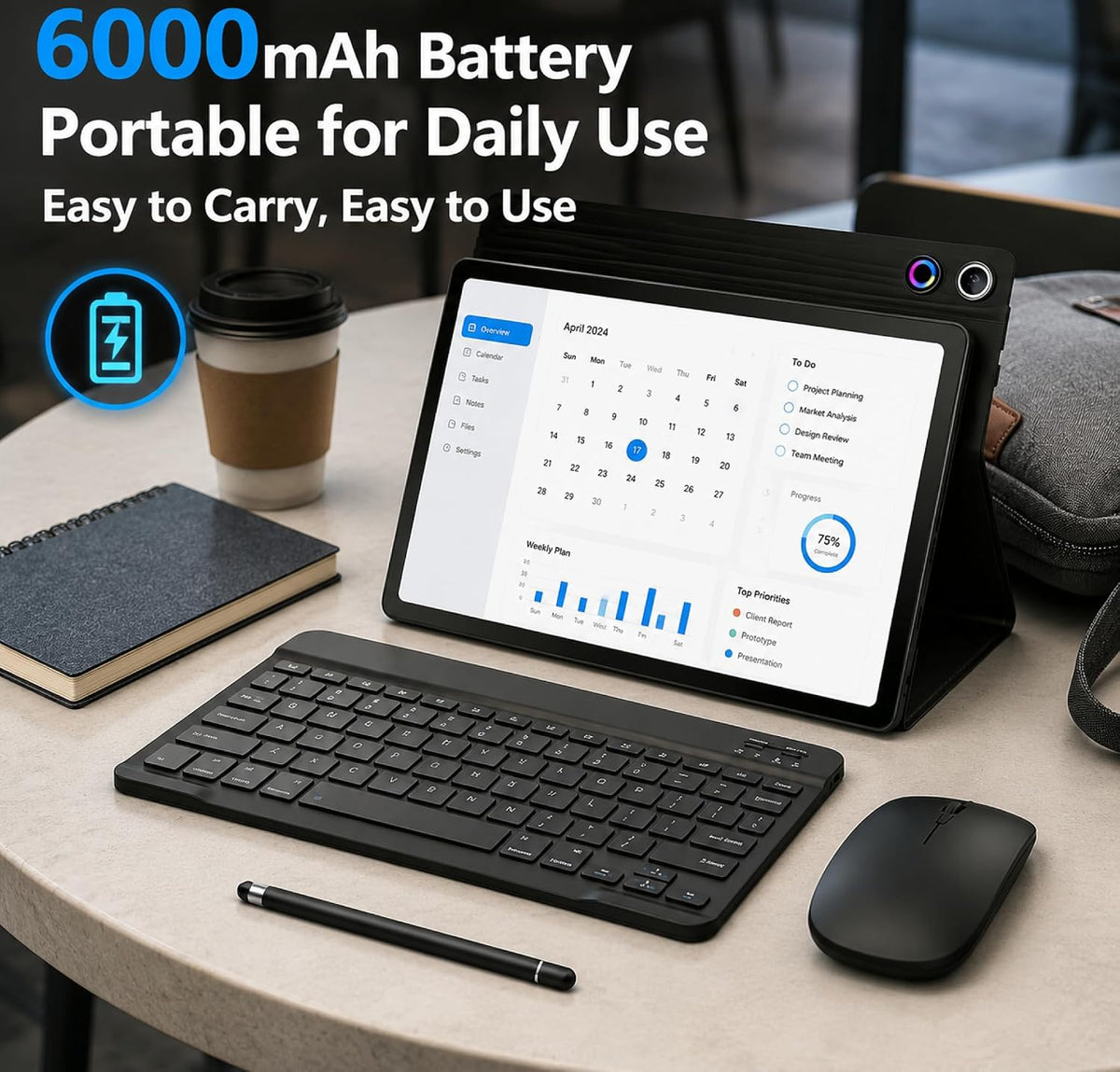 Jeazans Android 16 Tablet 10.1 Inch, 2-in-1 Tablet Bundle with Keyboard, Wireless Mouse, Stylus, Leather Case, Dual Camera, 64GB Storage+4TB Expansion, Portable Laptop for Students & Business