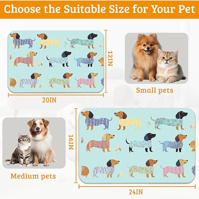 Dachshund Dog Cat Food Mat,Absorbent Waterproof Placemat for Food and Water Non Slip Rubber Backing Durable Feeding Pad for Clean Floors 16" x 24"