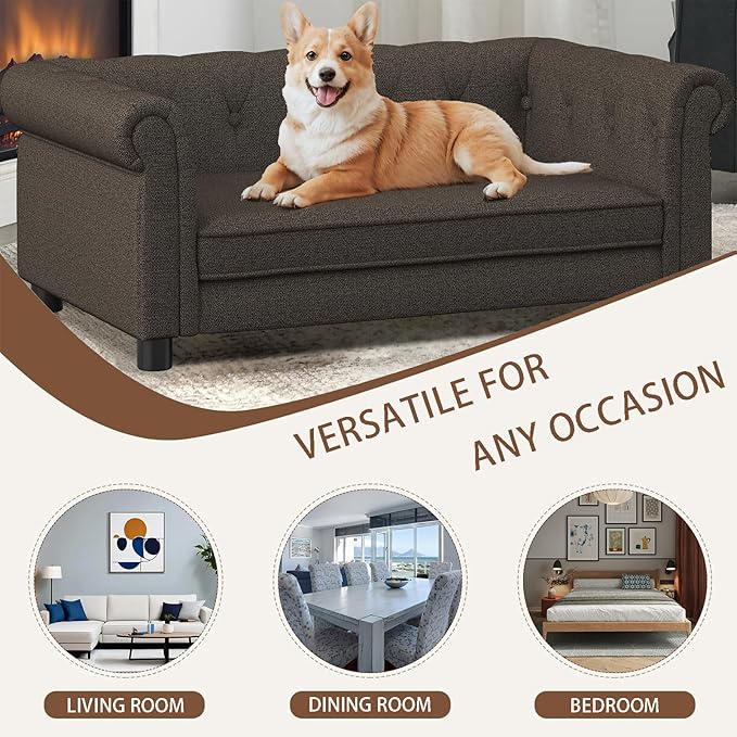 Elevated Rectangle Dog Sofa for Small & Medium Dogs - Comfortable Linen Fabric Dog Bed with Button Tufted Back, Durable Modern and Stylish Pet Bed for Living Room, Bedroom (Dark Brown)