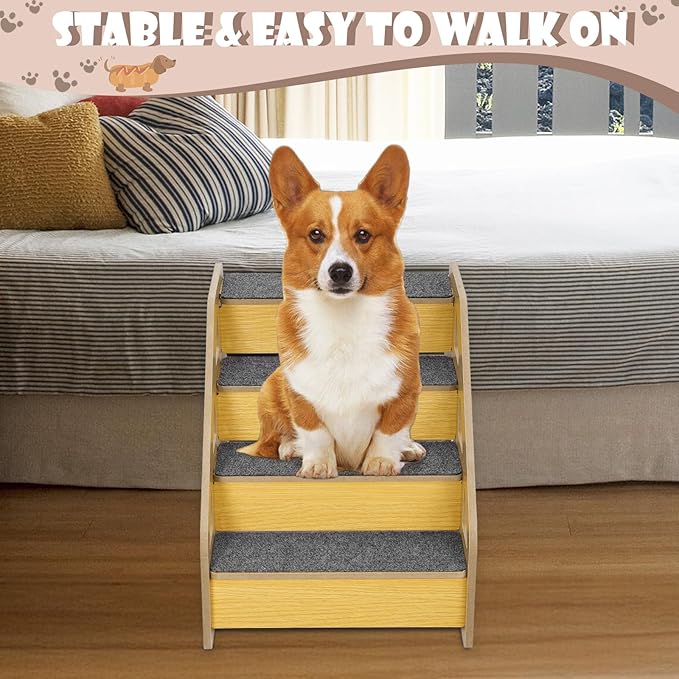 Dog Stairs for Small Dogs, 4-Step Dog Steps for Beds or Couches, Wood Pet Stairs for Small Pets, 15" H Cat Stairs for Doggie,Old Cats, Small Animals