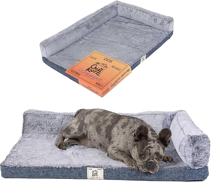 Dog Gone Smart Chill Kuzzi Dual Bolster Crate Pad - Washable Dog Bed Infused with Far Infrared Rays (FIR) Supportive Plush Cushion for Crates, Travel, and Recovery - Slate Blue, Medium 18 x 29 Inches